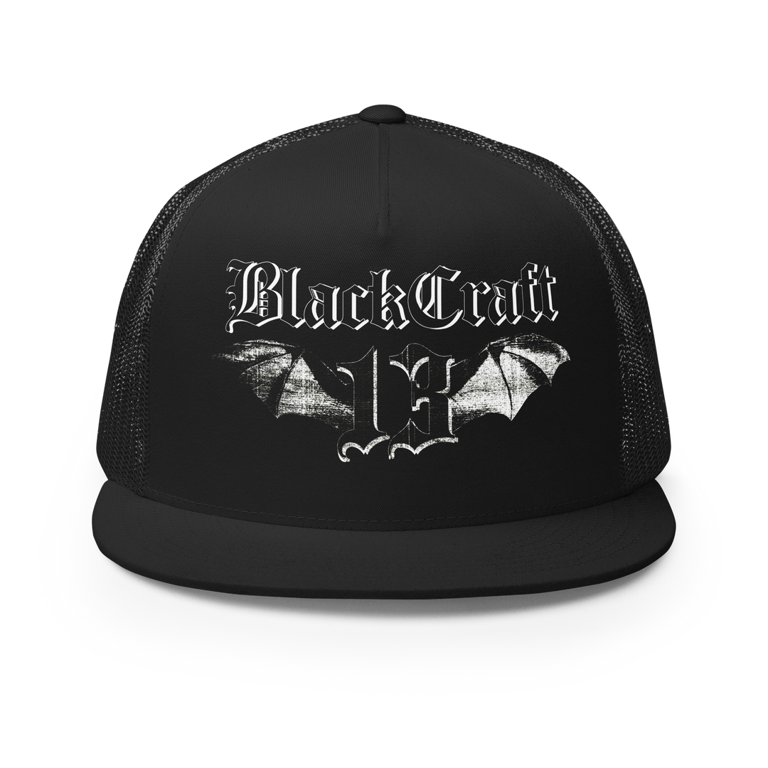 A classic black trucker hat with custom Blackcraft artwork on the front.