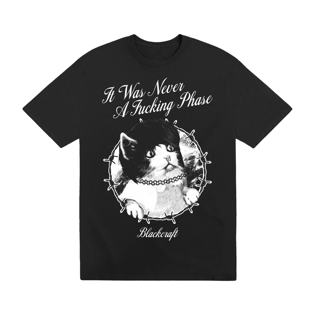 A classic black tee with emo cat artwork, from Blackcraft.