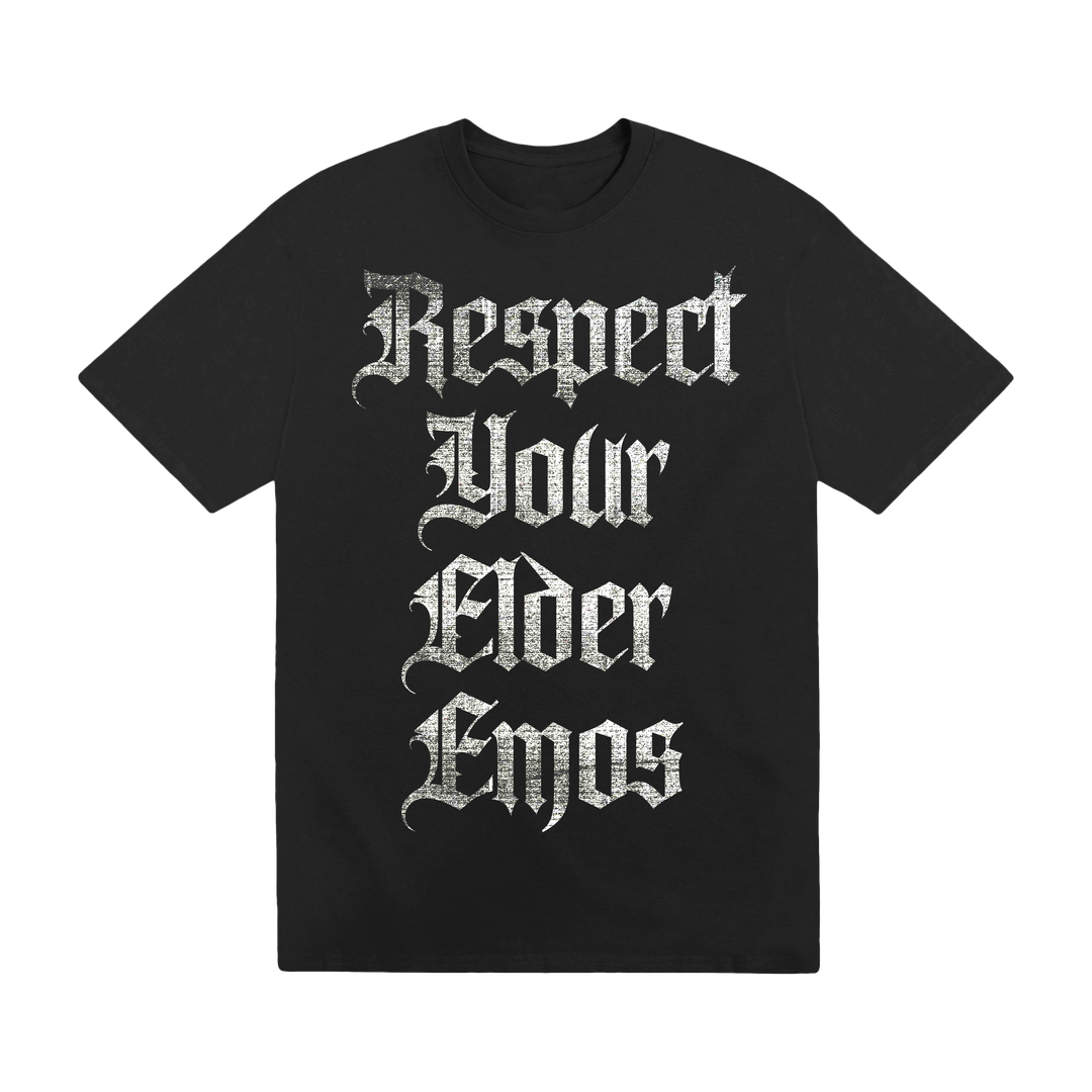 A classic black tee with Respect Your Elder Emos artwork on the front, from Blackcraft.