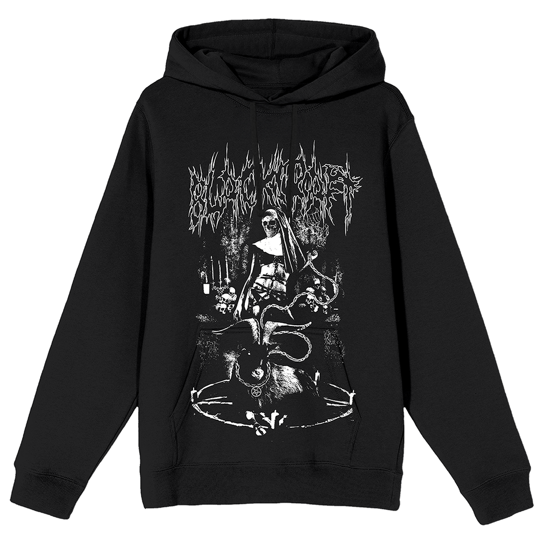 A classic black pullover hoodie with custom Blackcraft artwork on the front.