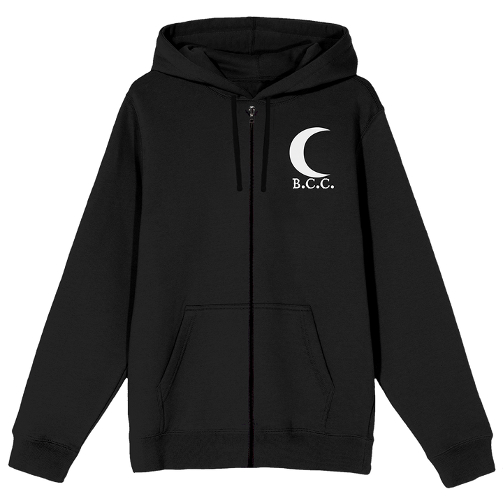 A classic black zip up hoodie from Blackcraft with custom Lucipurr cat artwork on the back.