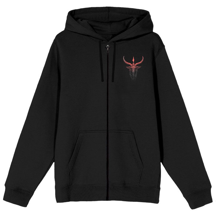 A classic black zip up hoodie with custom devil artwork on the front and back.
