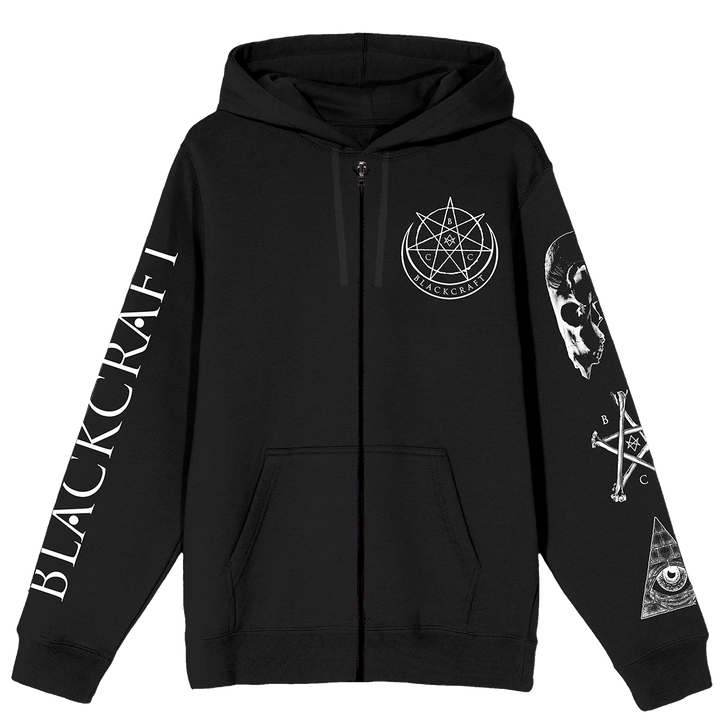 A classic black zip up hoodie with custom Blackcraft artwork on the front, back, and along the sleeves.