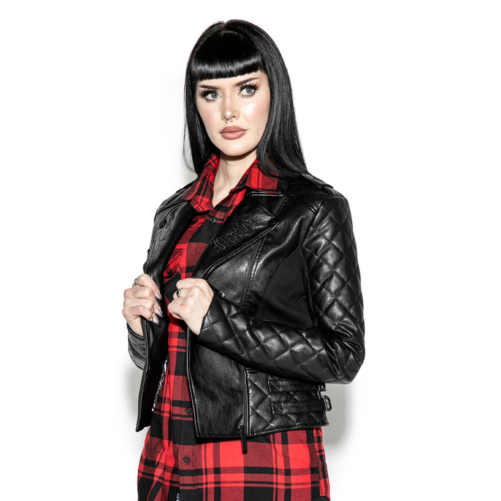 Never Trust Quilted Faux Leather Moto Jacket