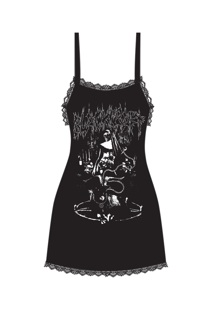 A black soft and stretchy mini slip dress with lace trim detail and adjustable spaghetti straps. With custom Blackcraft artwork on the front.