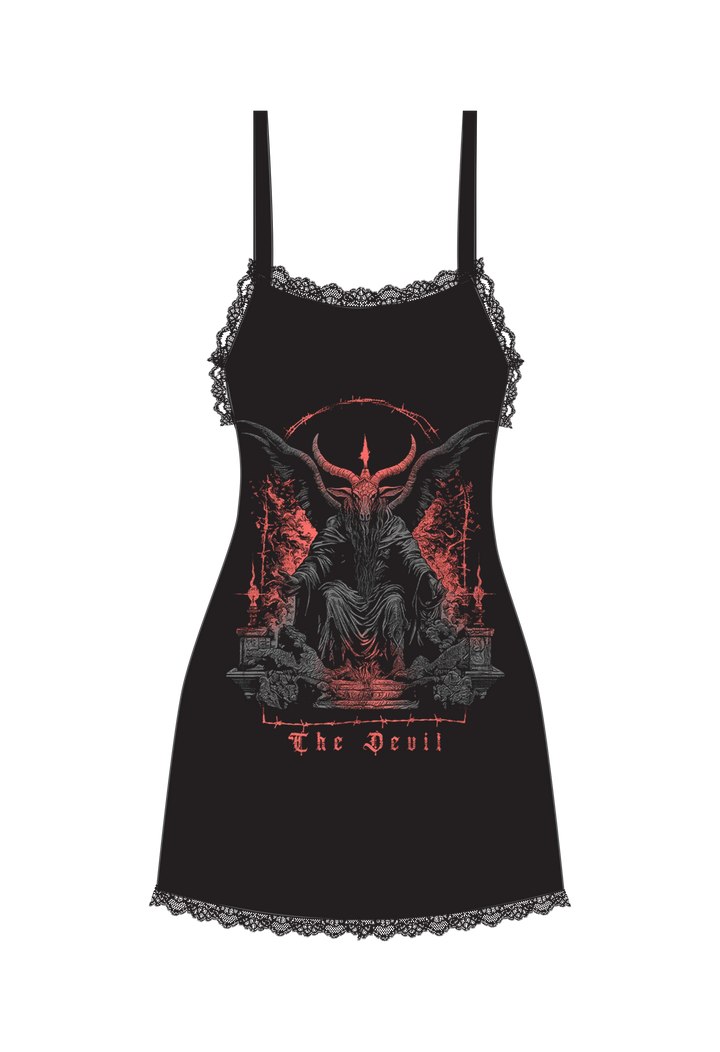 A black soft and stretchy mini slip dress with lace trim detail and adjustable spaghetti straps. With custom Blackcraft artwork on the front.