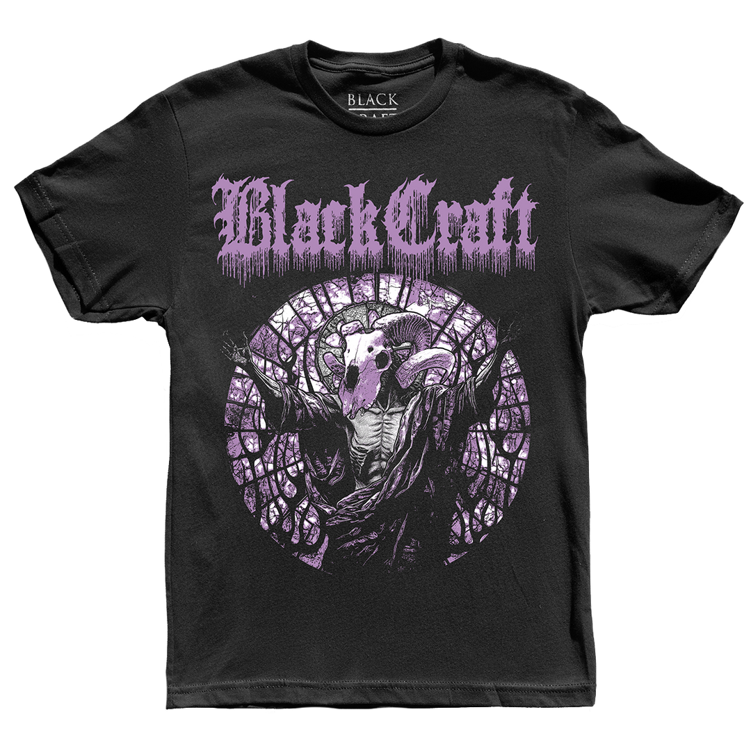 A classic black cotton tee with purple stained glass artwork on the front, from Blackcraft.
