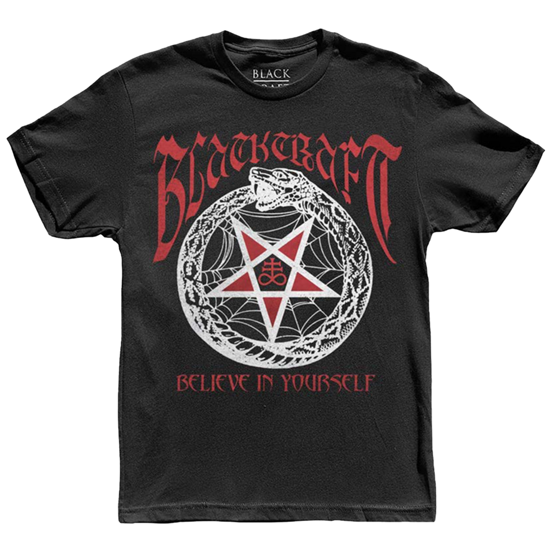 A classic black cotton short sleeve tee with custom Red Pentagram artwork across the front.