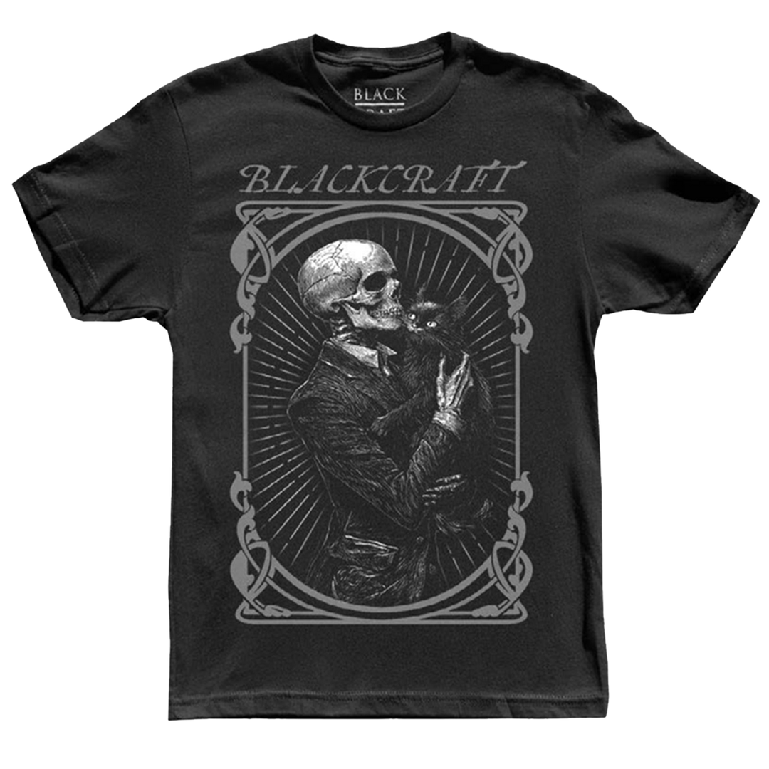 A classic black cotton short sleeve tee with custom Skeleton Cat artwork across the front.