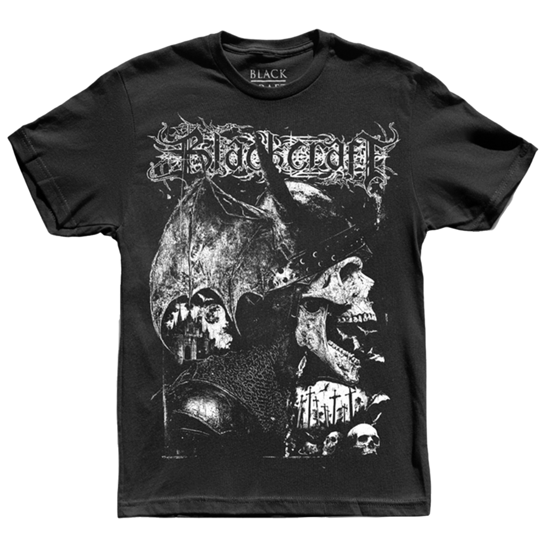 A classic black cotton short sleeve tee with custom Skeleton Cat artwork across the front.