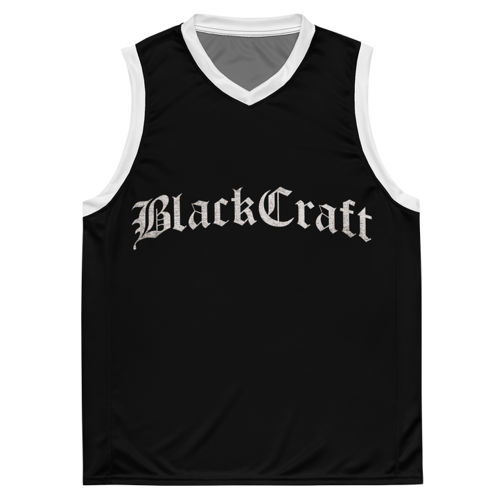 A classic black basketball jersey with custom Blackcraft artwork on the front and back.