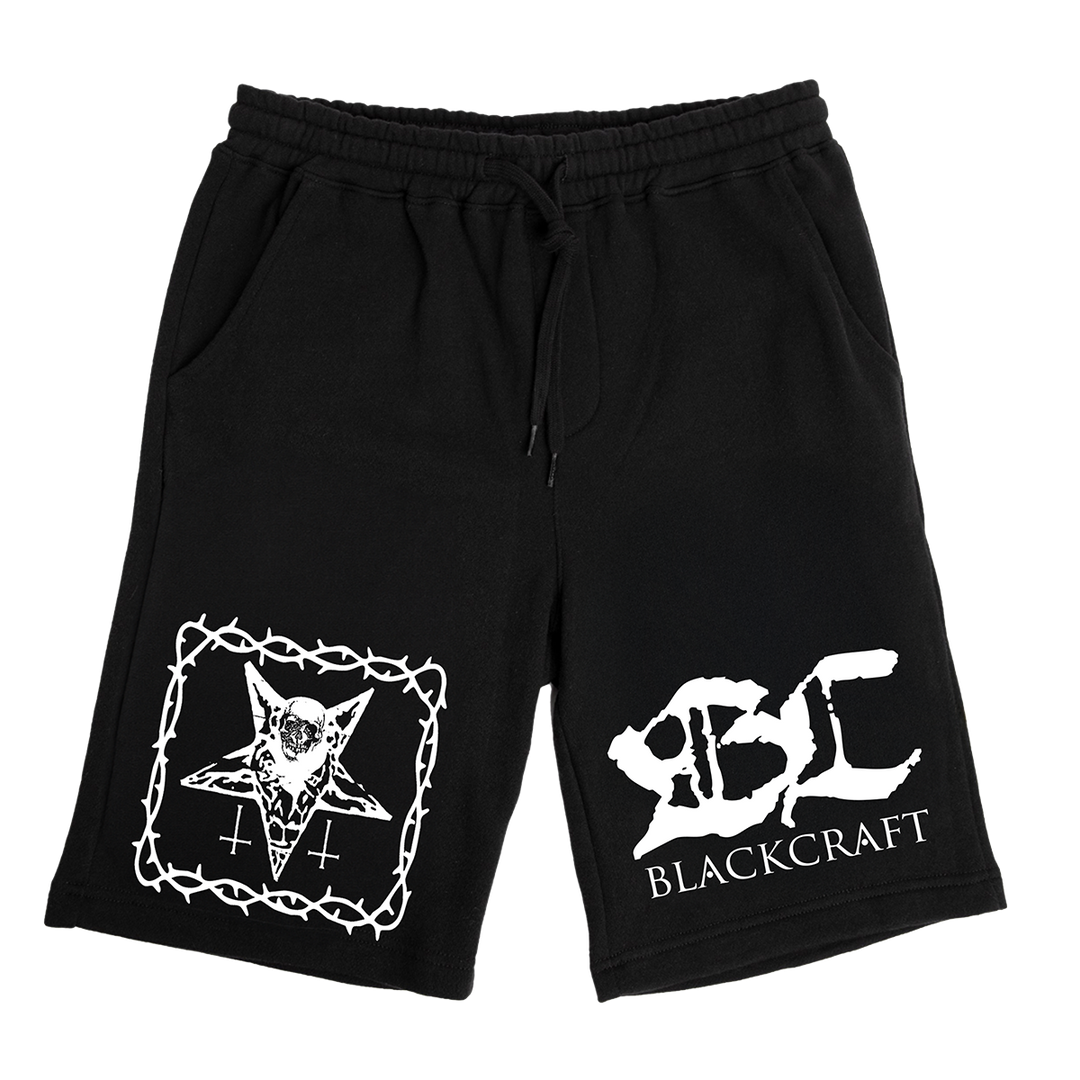 Classic black fleece sweat shorts with double Blackcraft logo artwork on the front.