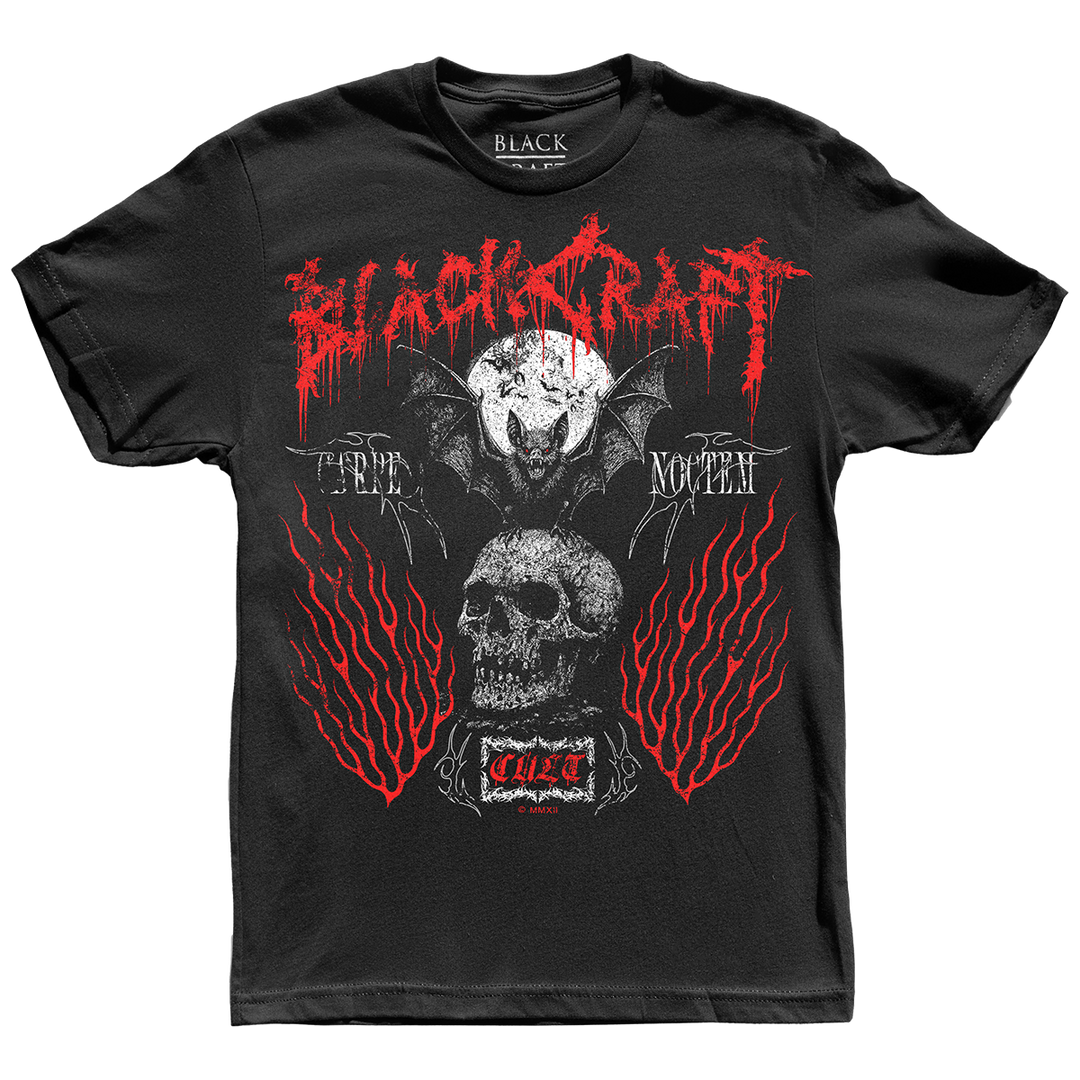 A classic black cotton tee with custom Blackcraft artwork across the front.