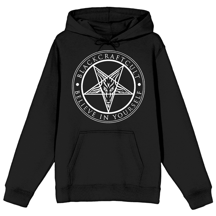 A classic black pullover hoodie with custom Blackcraft artwork on the front.