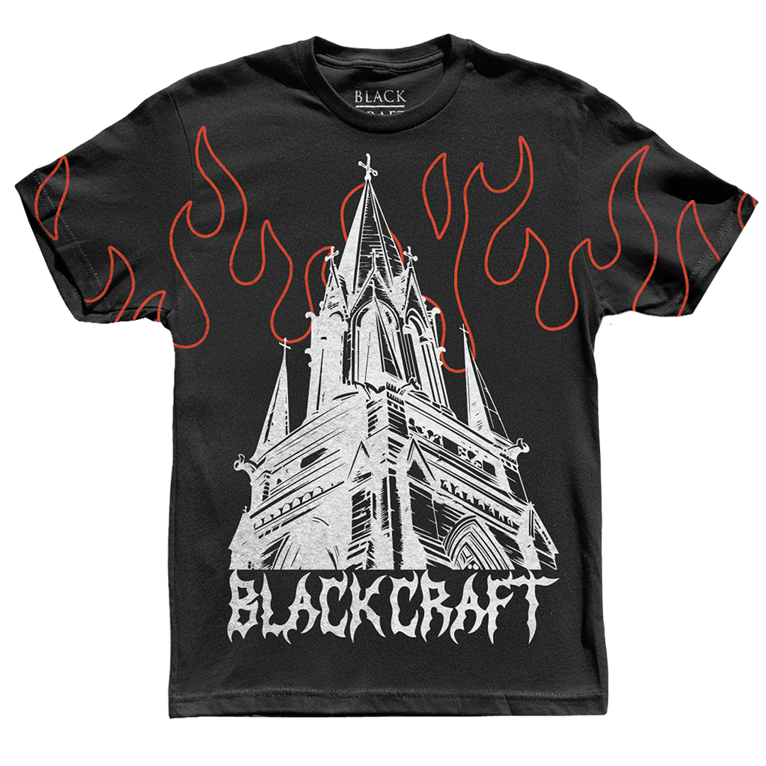 A classic black cotton tee with custom artwork on the front from Blackcraft.