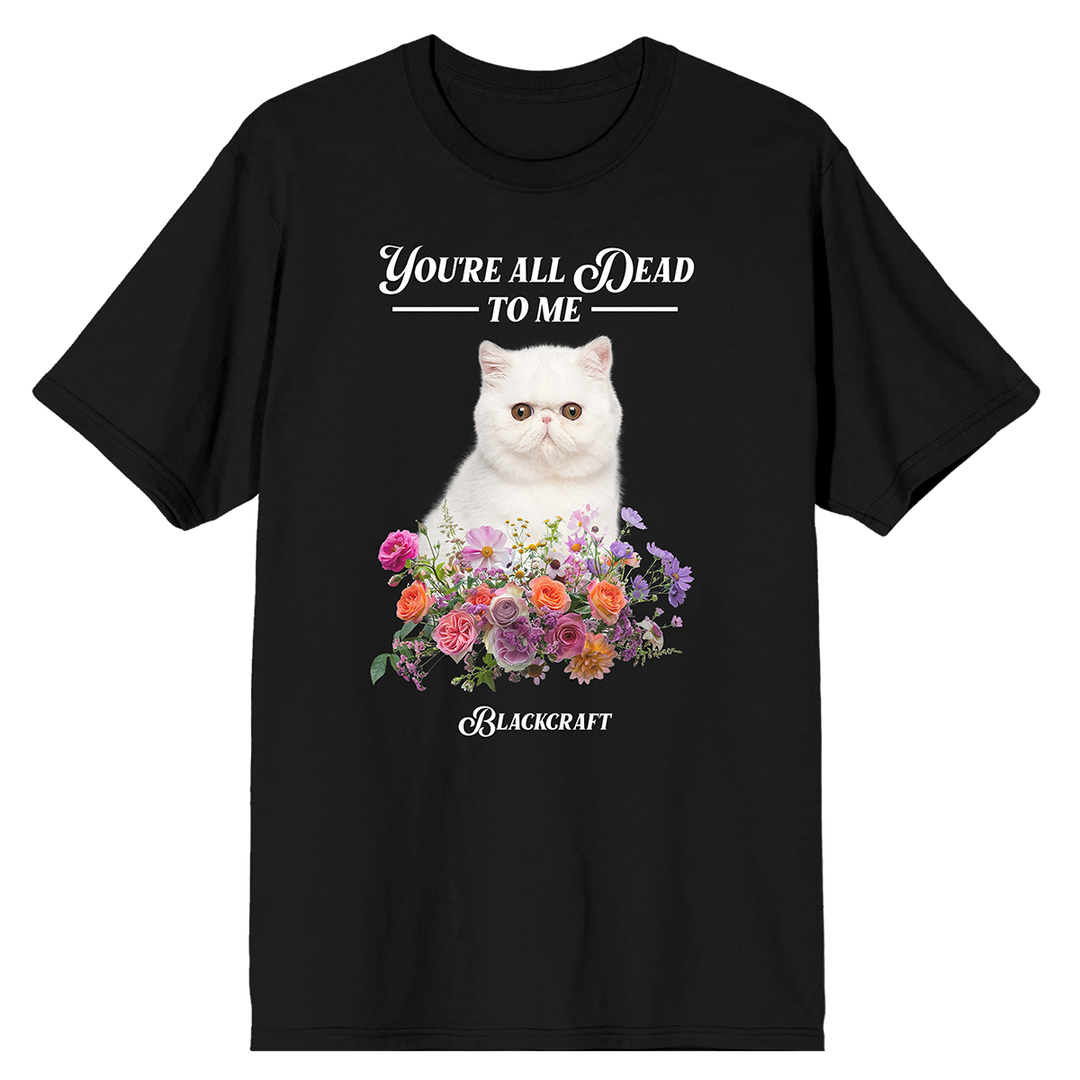 A classic black cotton tee with cat artwork across the front.
