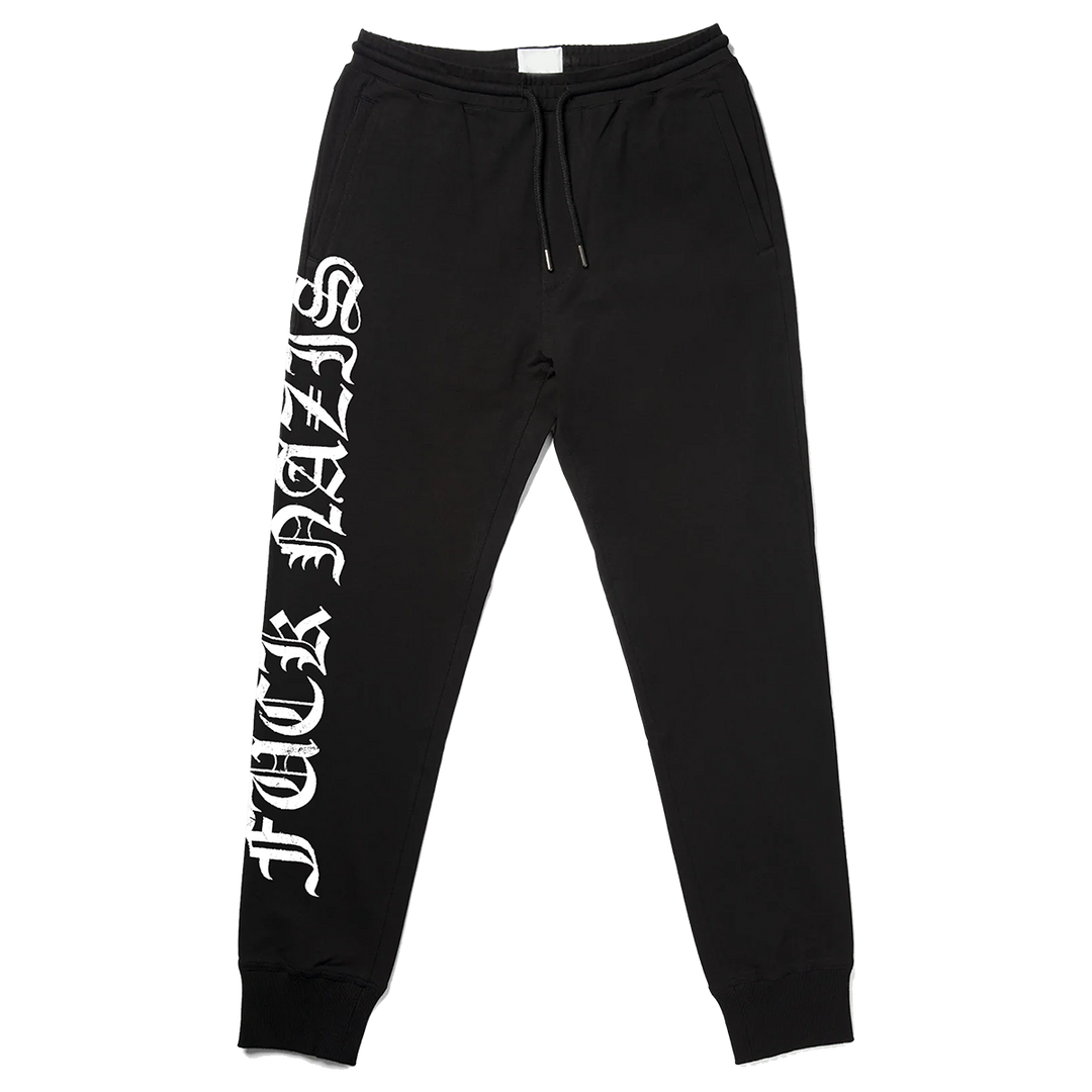 Classic black Womens joggers with custom Blackcraft artwork along the side of the leg.