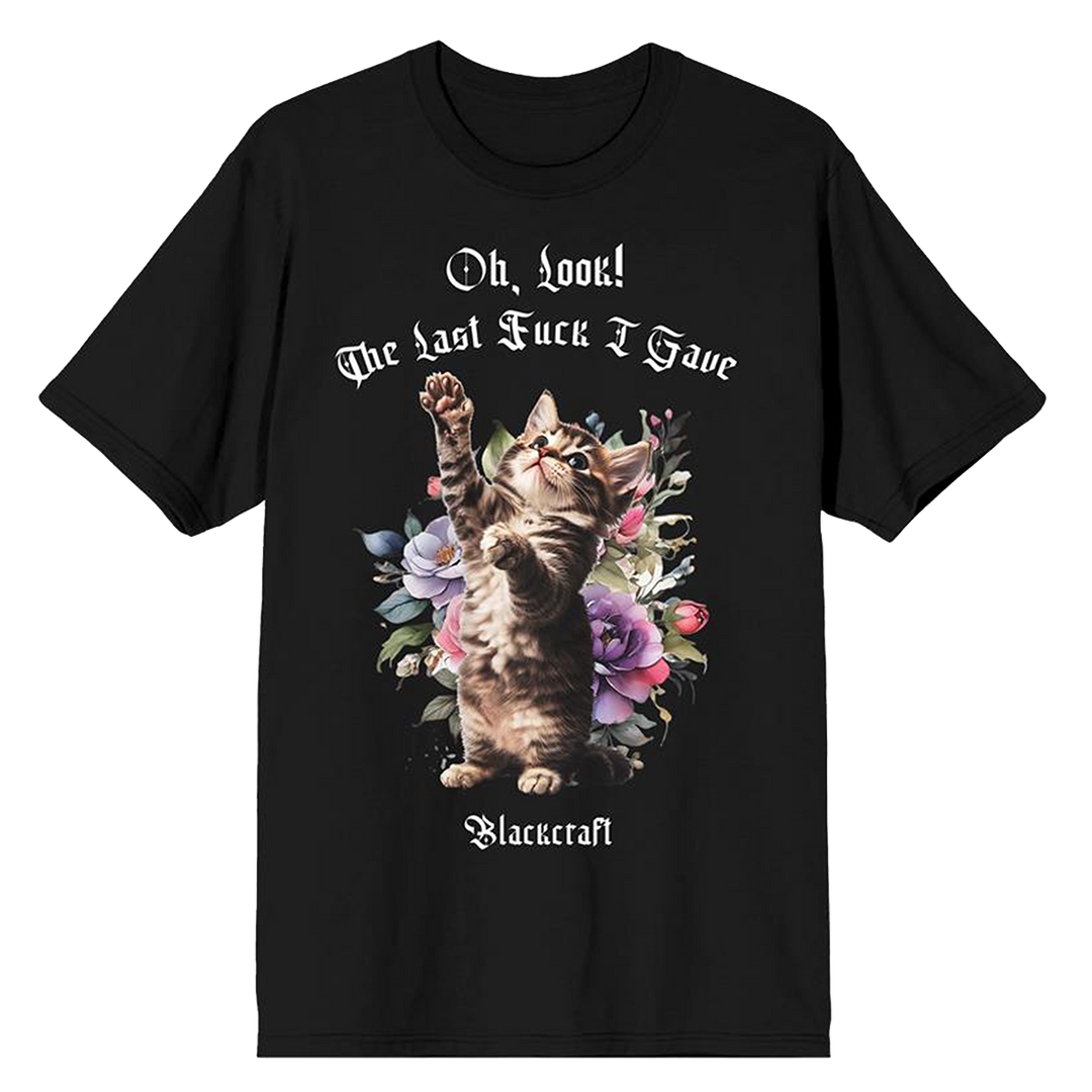 A classic black cotton tee with cat artwork across the front.