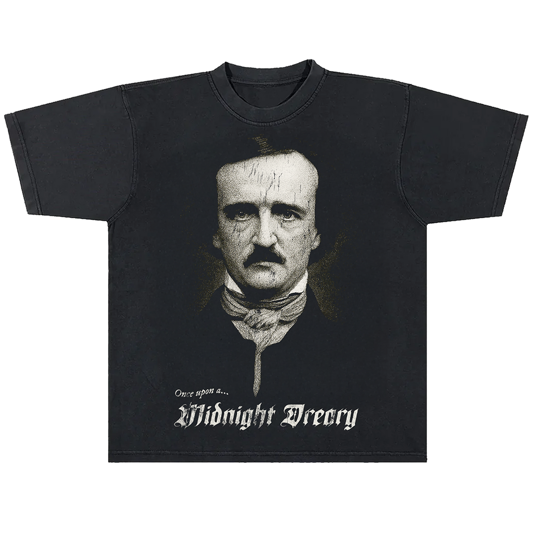A classic black cotton boxy tee with Edgar Allen poe and the Raven artwork, from Blackcraft.