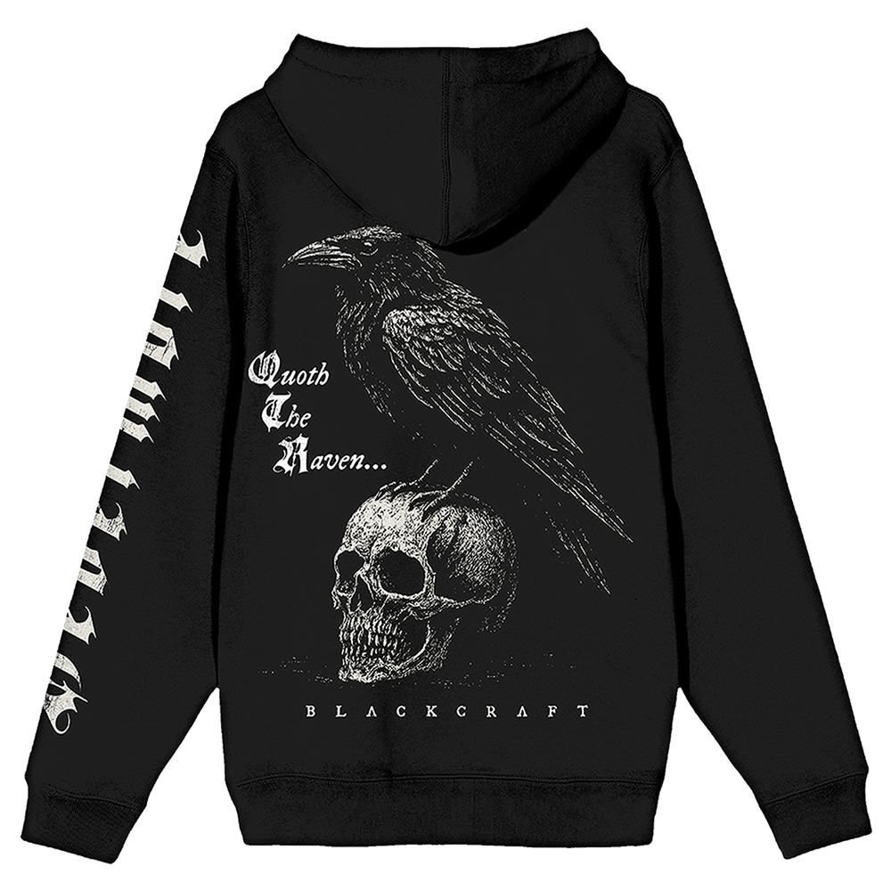 A classic black zip up hoodie with Edgar Allen Poe and the Raven artwork, from Blackcraft.