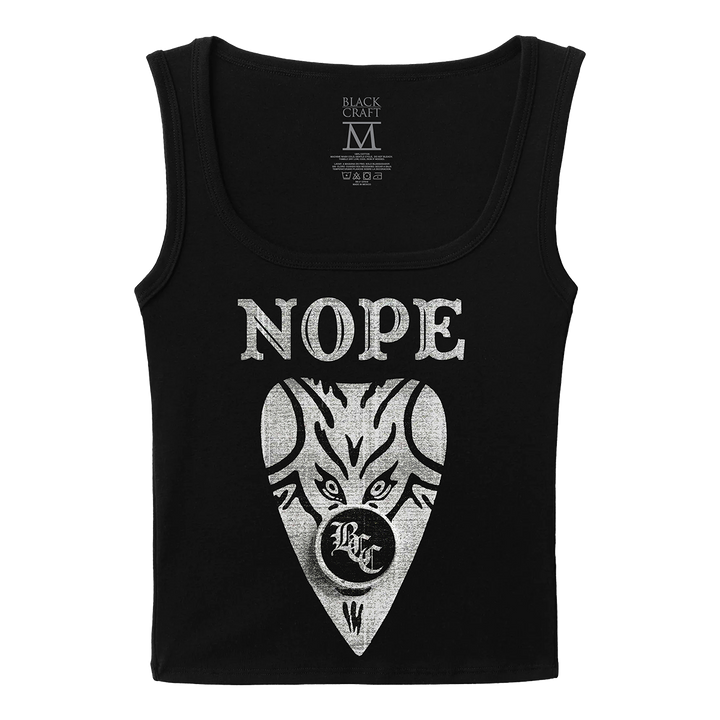 A classic cotton ribbed crop tank top with custom Ouija planchette artwork on the front.