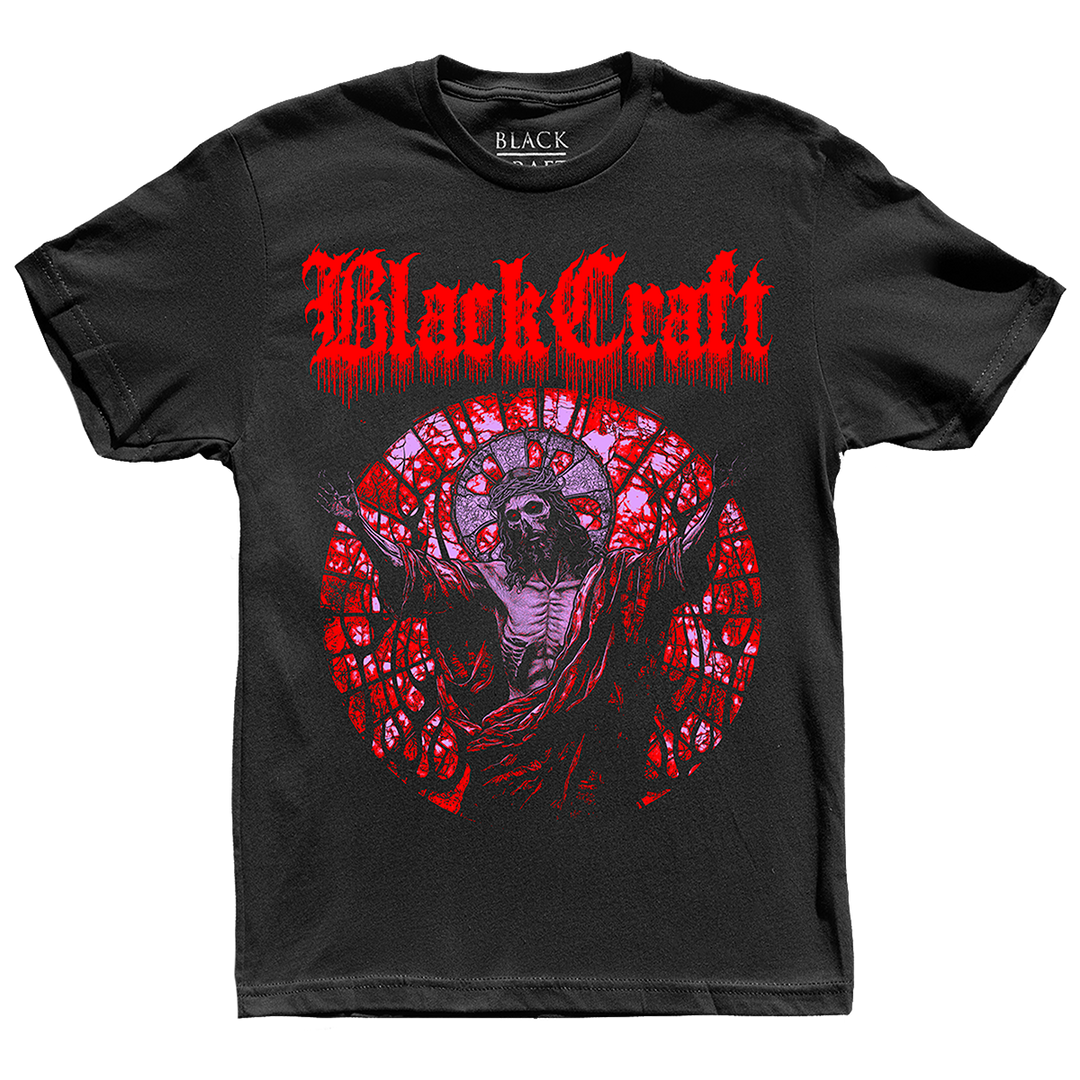 A classic black cotton tee with red stained glass artwork on the front, from Blackcraft.