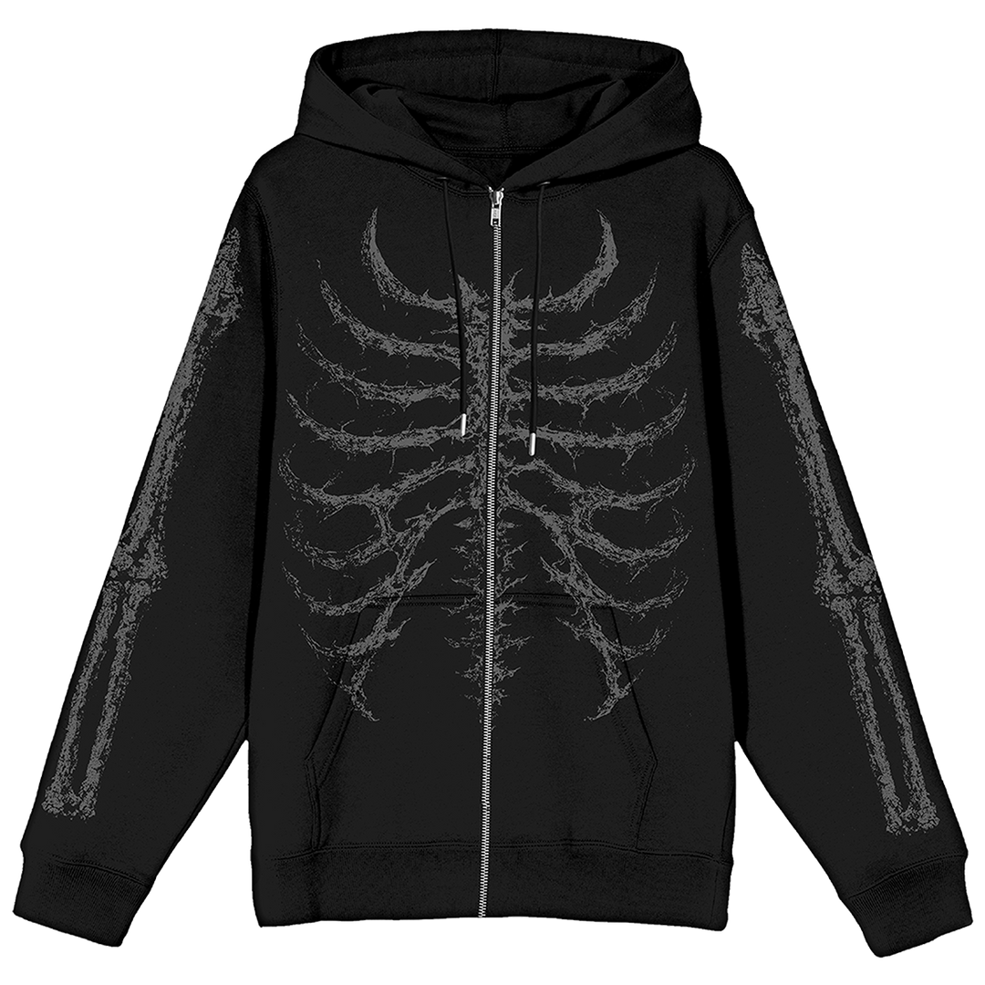 A classic black zip up hoodie with skeleton artwork, from Blackcraft.