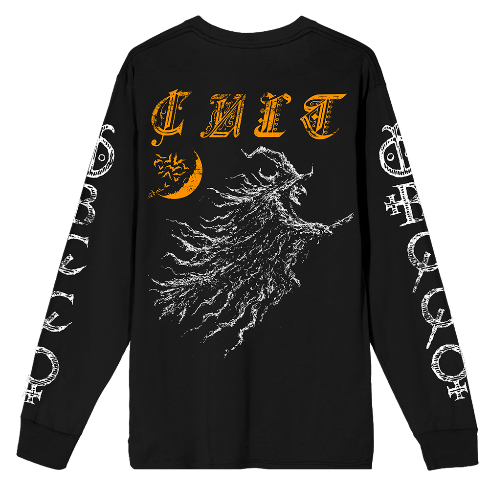 A classic black cotton long sleeve tee with orange and white witch artwork, from Blackcraft.
