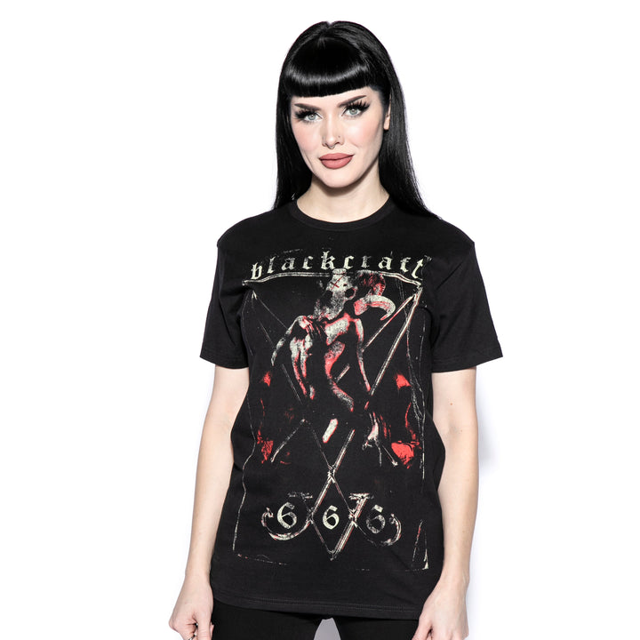 A model wearing a classic black cotton tee with custom Blackcraft artwork on the front.