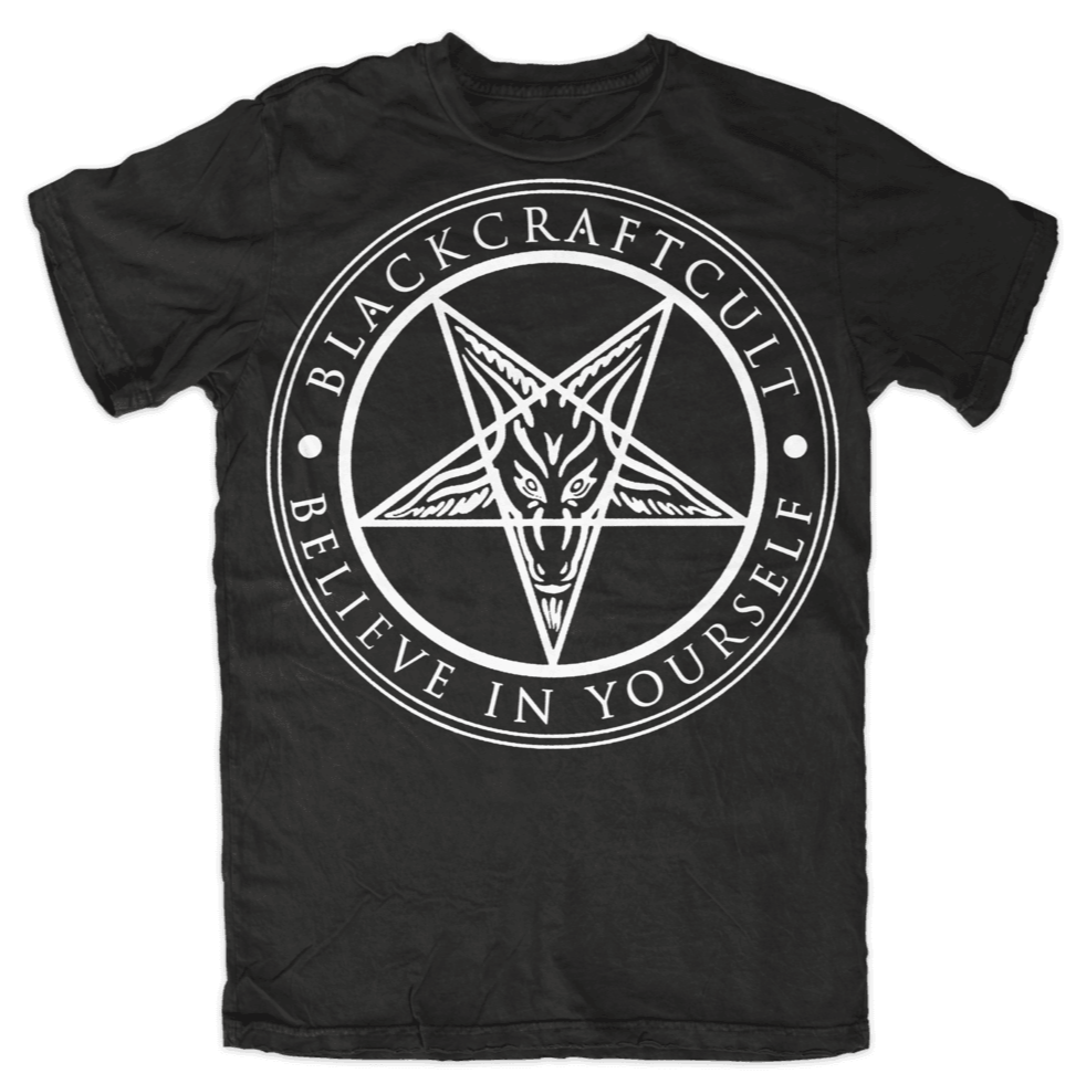 A classic black cotton tee shirt with custom Blackcraft artwork on the front.