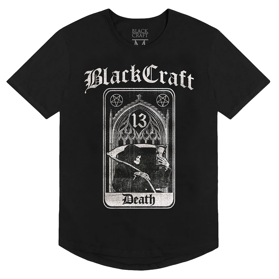 A black cotton tee with a curved hemline and custom Blackcraft artwork on the front. 