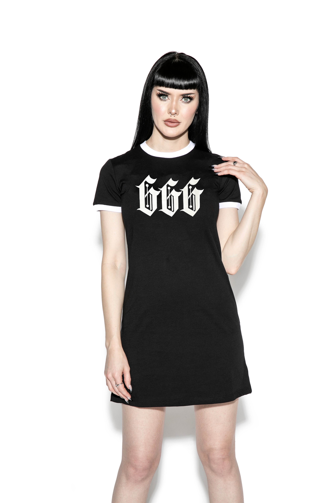 A classic black cotton tee shirt dress with six six six print across the front. 