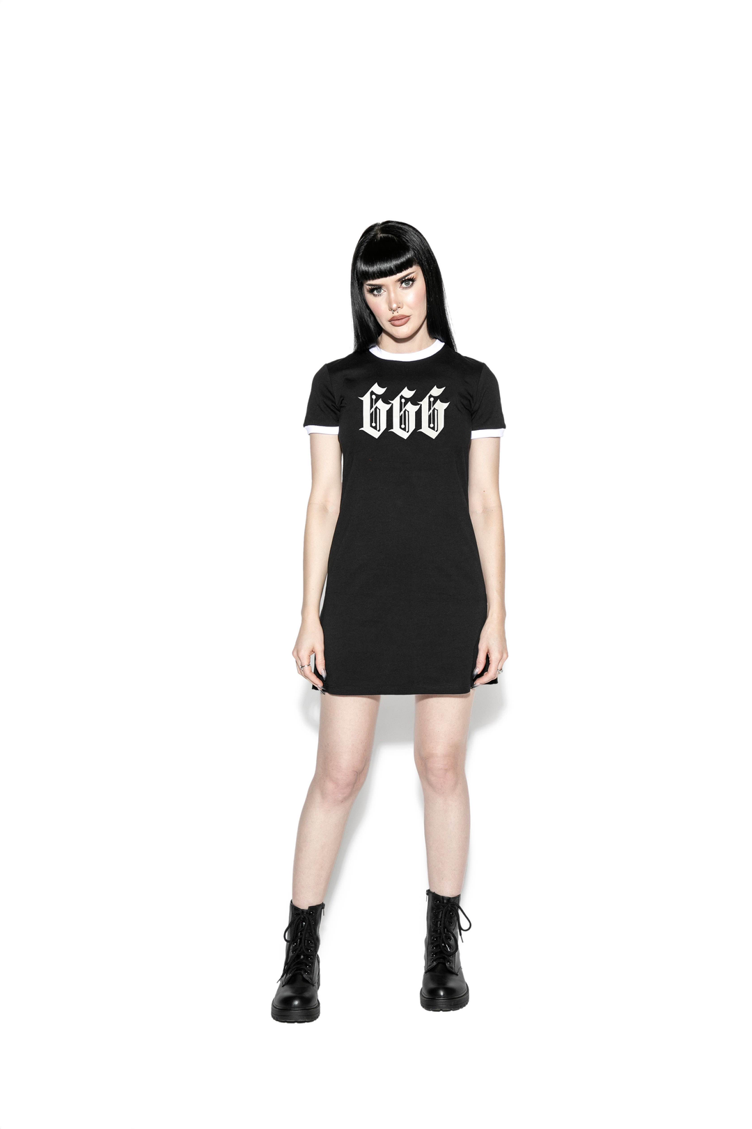 A classic black cotton tee shirt dress with six six six print across the front. 