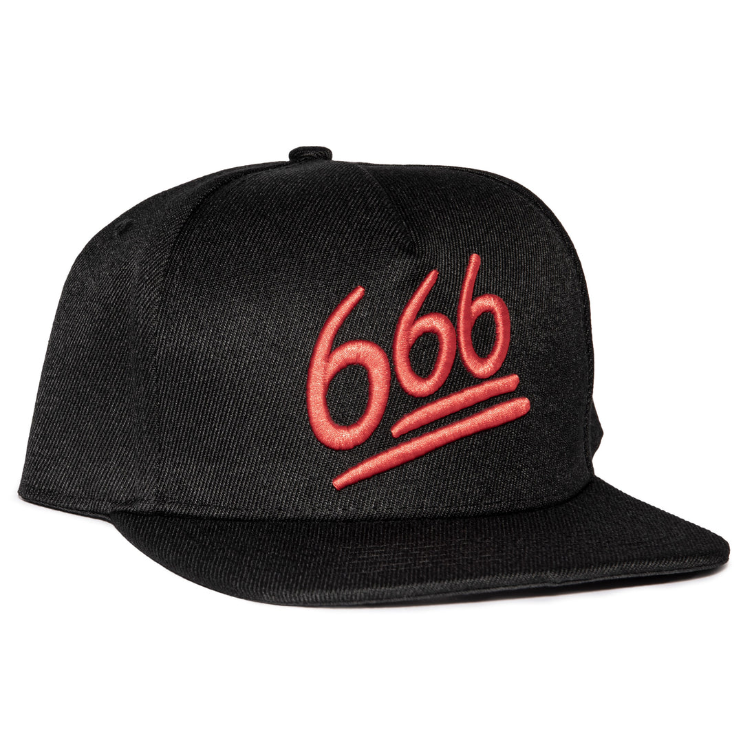 A black snapback hat with red embroidered 666 on the front. 