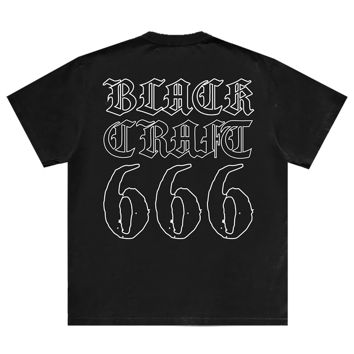 A classic black cotton tee with custom skull artwork on the front and six six six artwork on the back, from Blackcraft.
