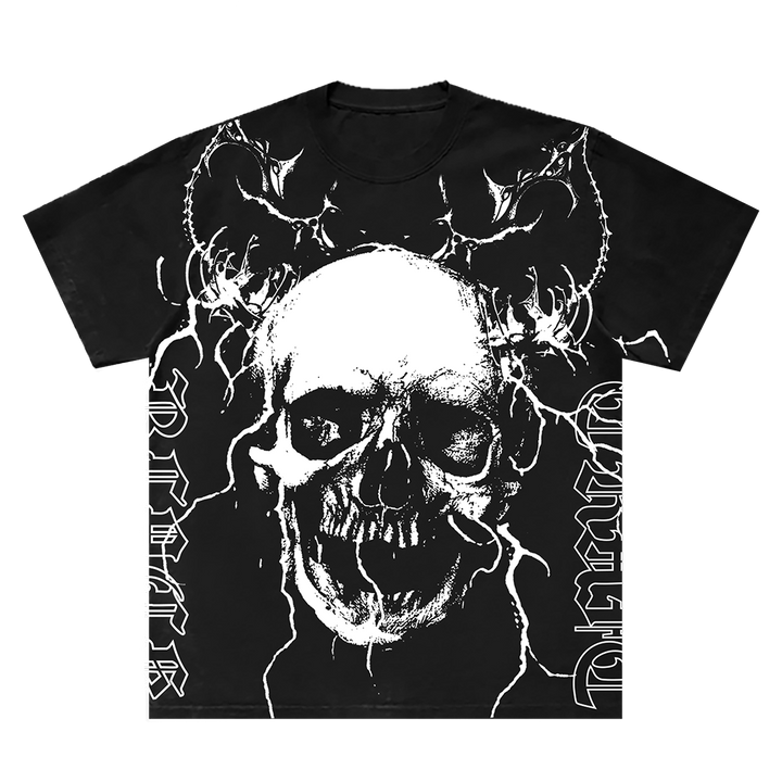 A classic black cotton tee with custom skull artwork on the front and six six six artwork on the back, from Blackcraft.
