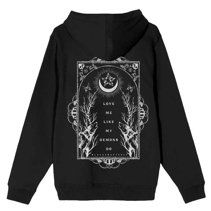 A classic black zip up hoodie with custom Blackcraft artwork on the front and back. 