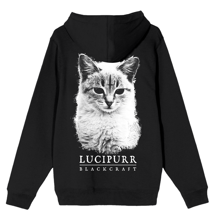 A classic black zip up hoodie from Blackcraft with custom Lucipurr cat artwork on the back. 