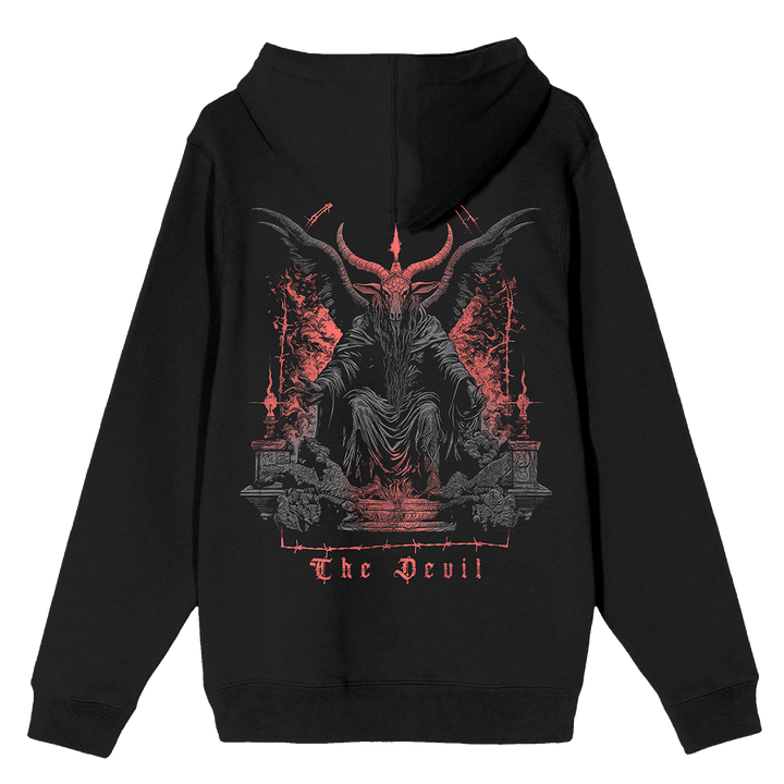 A classic black zip up hoodie with custom devil artwork on the front and back.