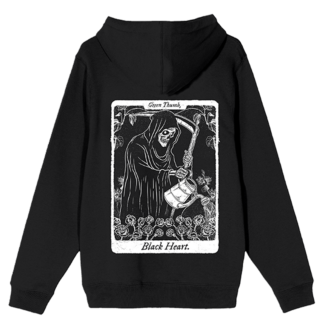 Shop this black zip up hoodie with custom grim reaper artwork on the front and back. 