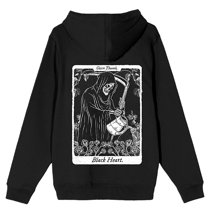 Shop this black zip up hoodie with custom grim reaper artwork on the front and back. 