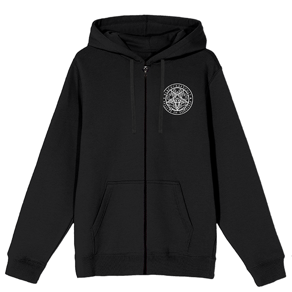 Shop this black zip up hoodie with custom grim reaper artwork on the front and back. 