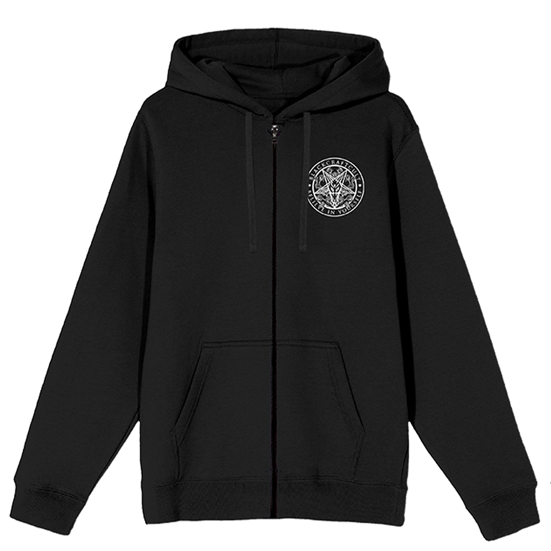 Shop this black zip up hoodie with custom grim reaper artwork on the front and back. 