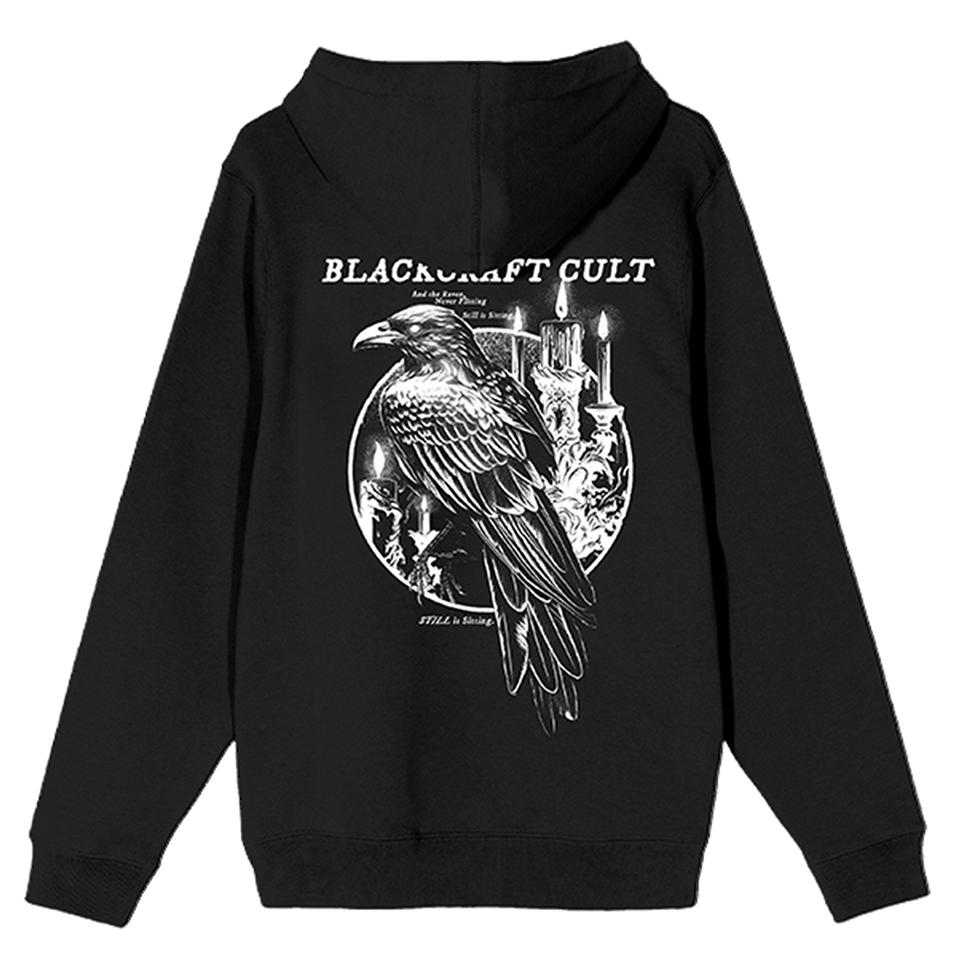 A classic black zip up hoodie with custom Blackcraft raven artwork. 
