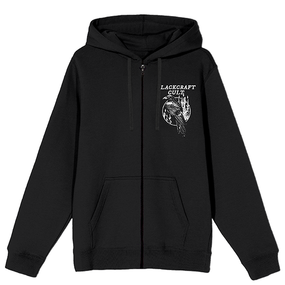 A classic black zip up hoodie with custom Blackcraft raven artwork. 