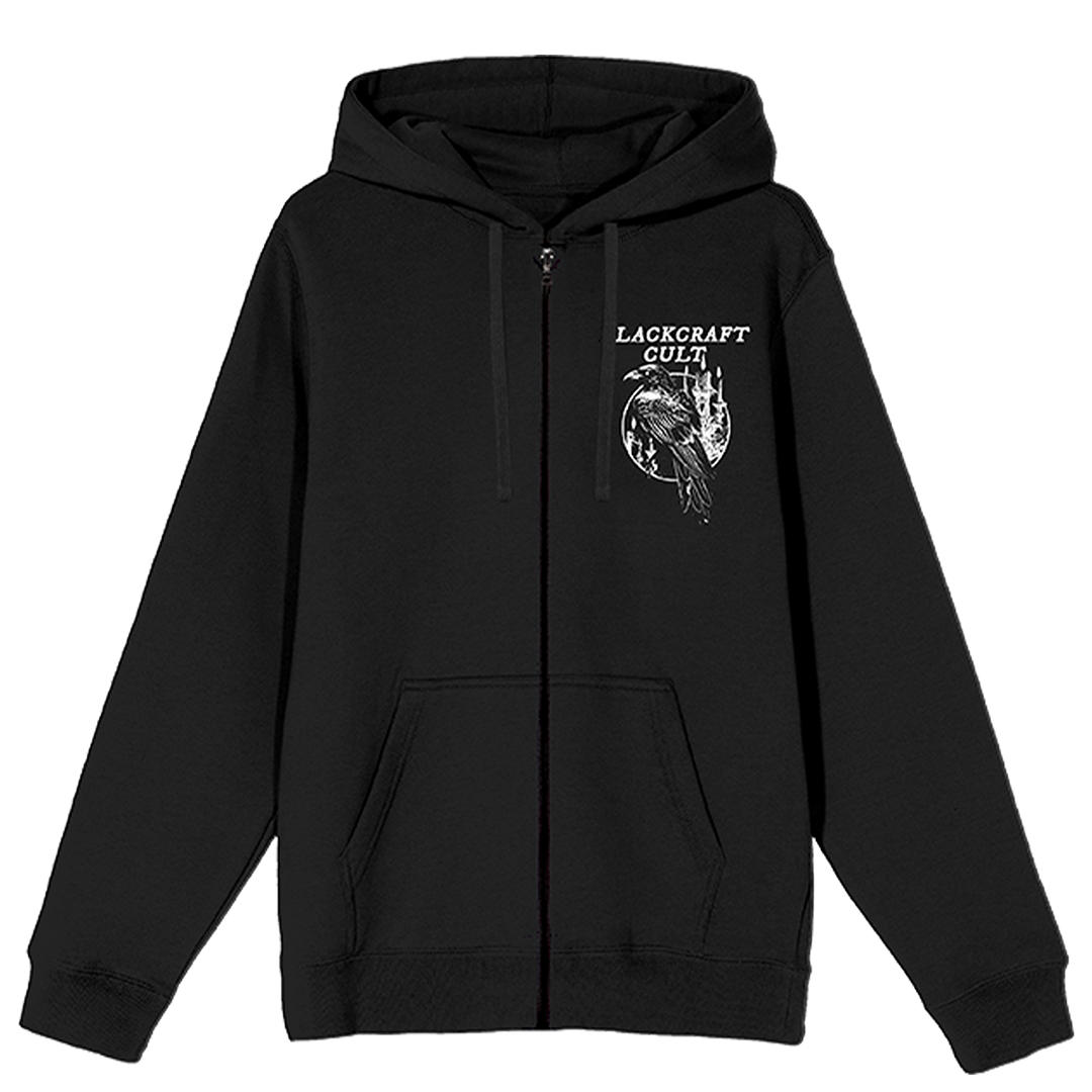 A classic black zip up hoodie with custom Blackcraft raven artwork. 