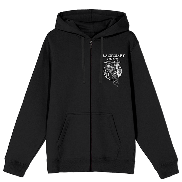 A classic black zip up hoodie with custom Blackcraft raven artwork. 