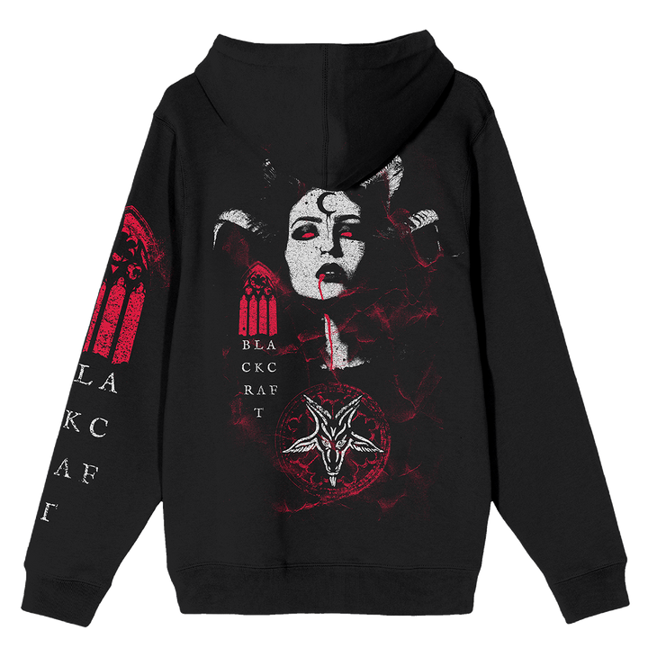 A classic black zip up hoodie with custom artwork on the front, back, and sleeves.