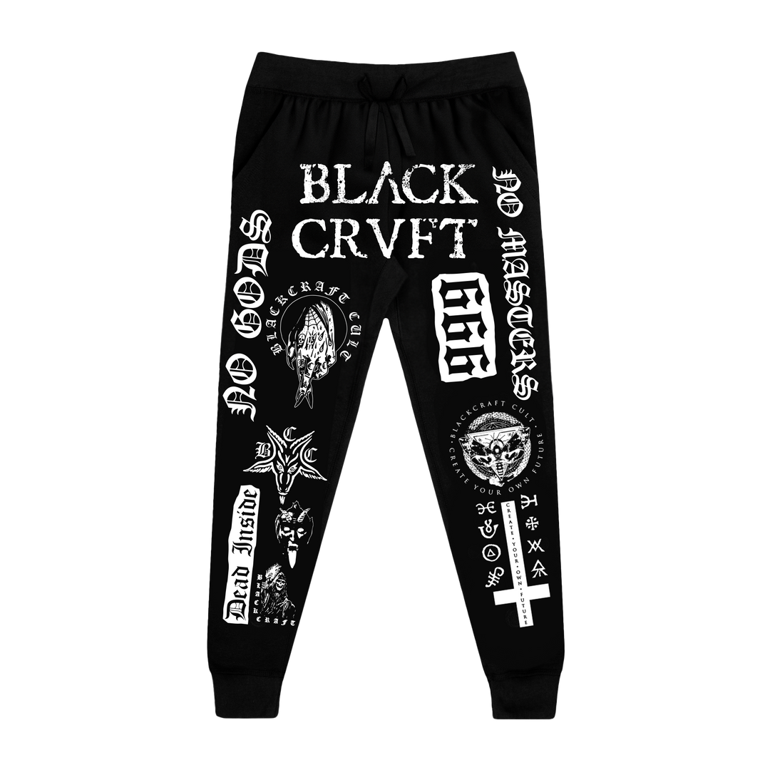 Classic fit black joggers with custom Blackcraft artwork along the front of each leg.