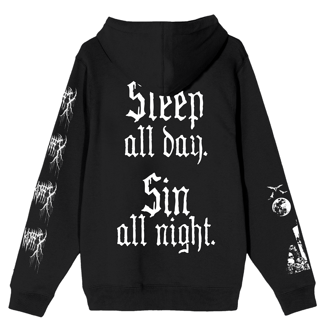 A classic black pullover hoodie with custom raccoon artwork on the front and custom artwork on the back and along the sleeves.